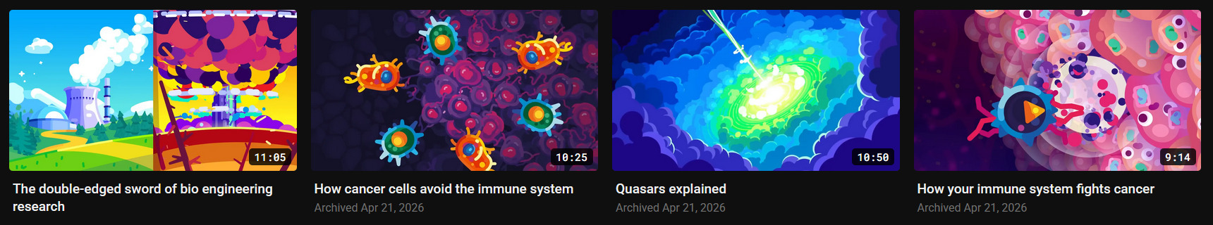Screenshot of four videos with Dearrow enabled