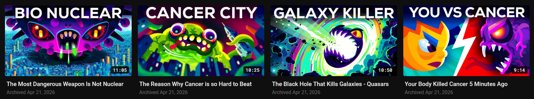 Screenshot of four videos with Dearrow disabled